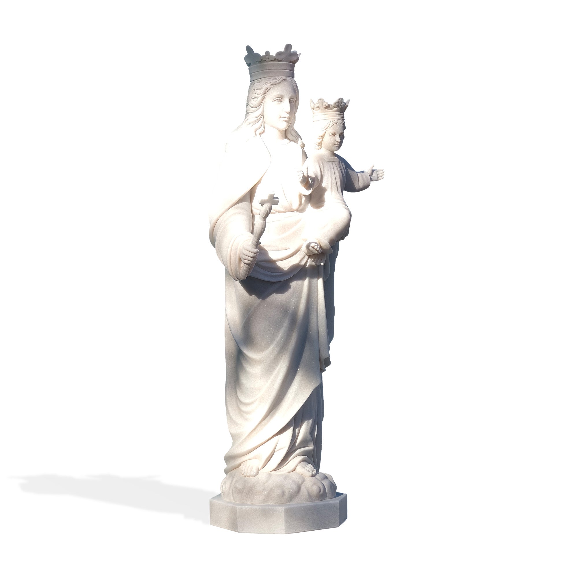 Side angle of the Mary Help of Christians sculpture showing flowing robes and crown craftsmanship.