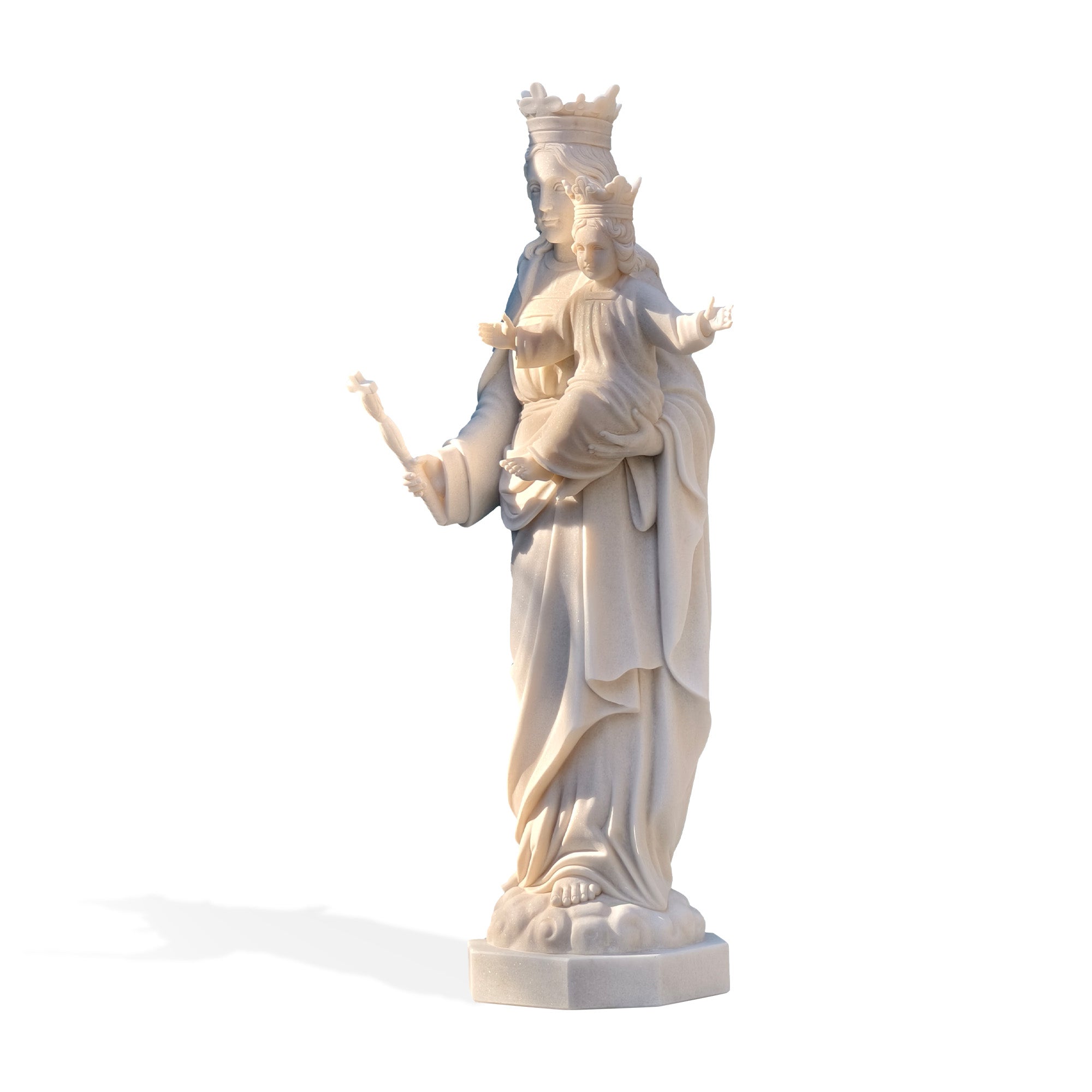 Mary Help of Christians holding a cross, sculpted from natural white marble as a emblem of faith and guidance.