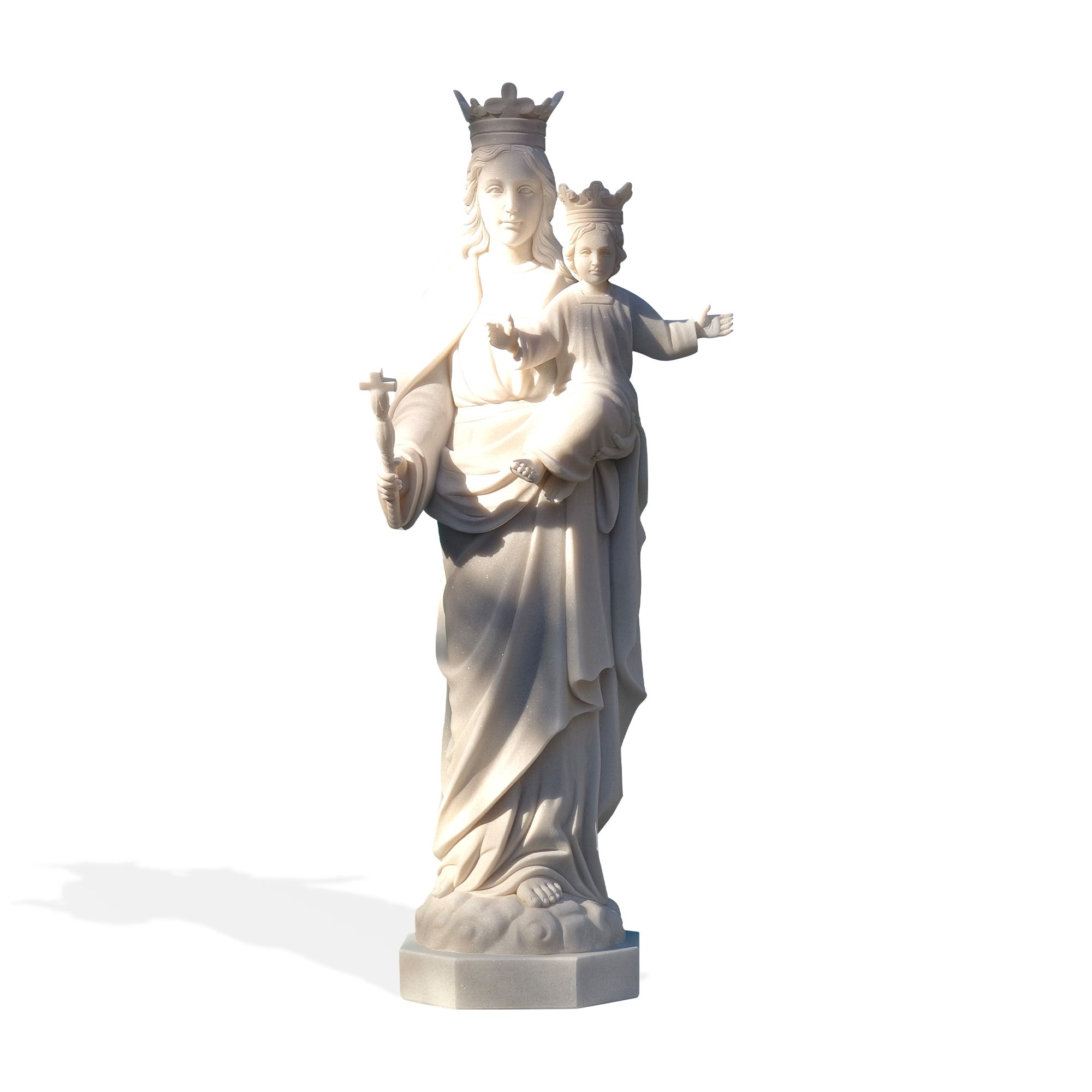 Front view of the Mary Help of Christians statue, hand-carved from natural white marble with serene expressions of maternal grace.