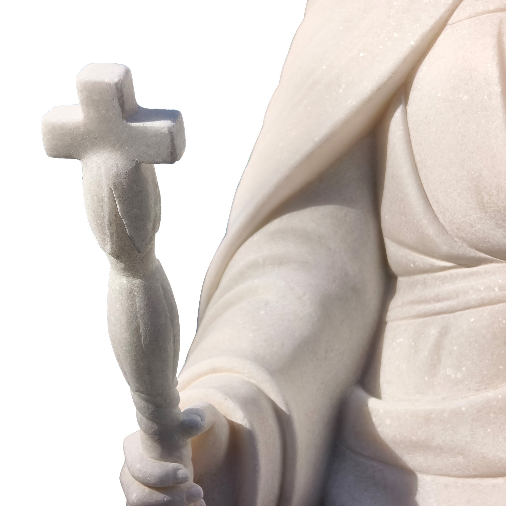 Mary Help of Christians holding a cross, symbolizing faith and divine guidance, sculpted from pure white marble.