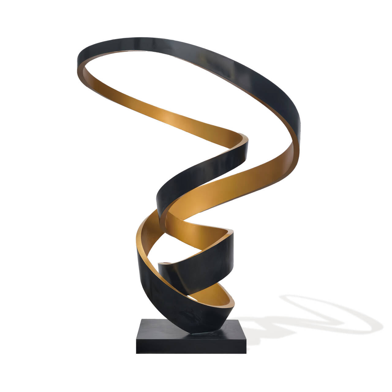 Black and gold painted stainless steel sculpture with a twisted spiral design.
