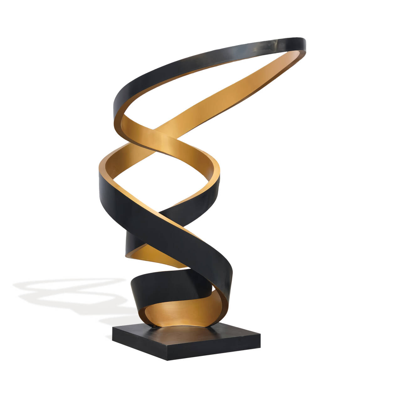 Black and gold painted stainless steel sculpture with a dynamic swirling motion.
