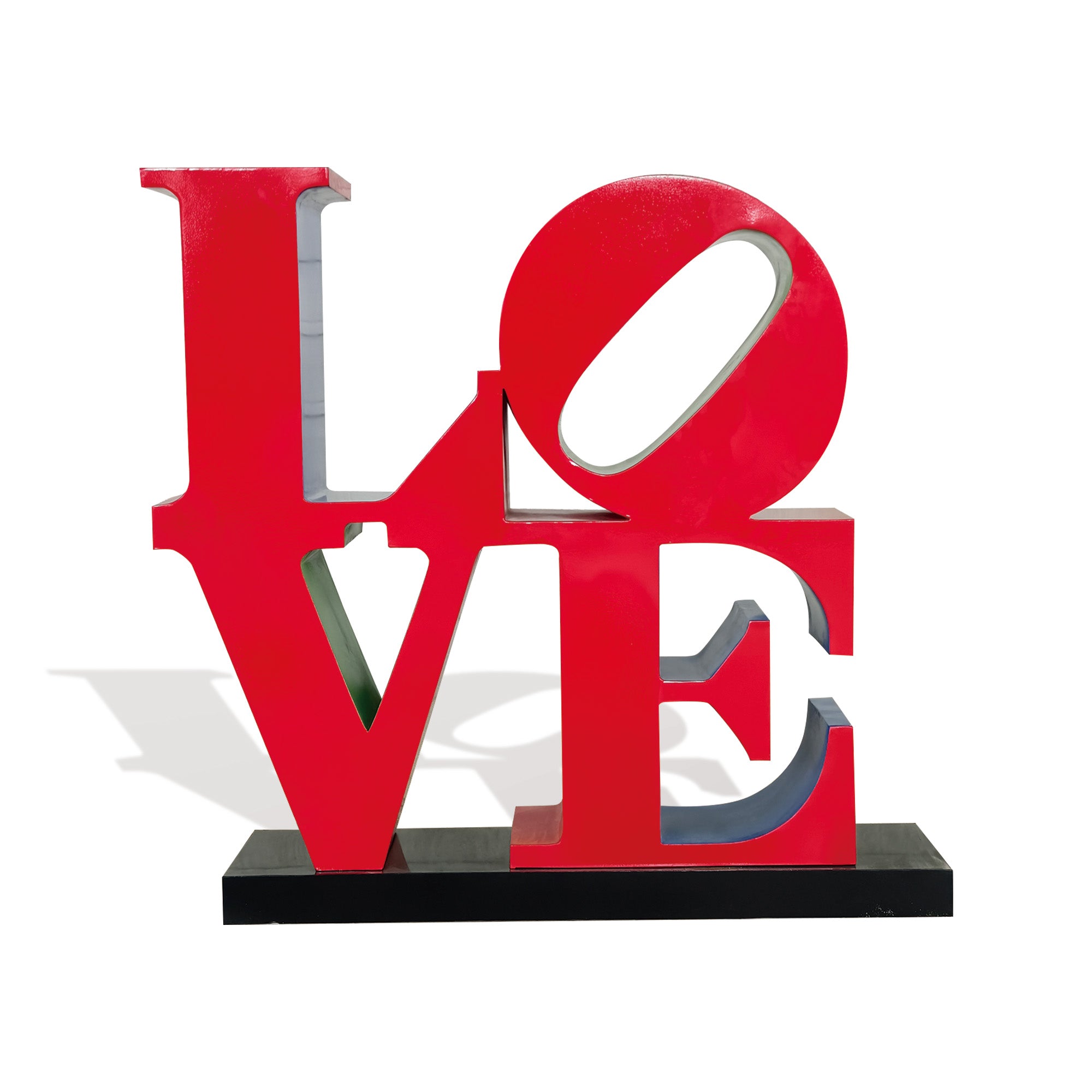 Front view of custom LOVE replica sculpture, red pop art letter sculpture with blue and green accents on black base, white background product photo.