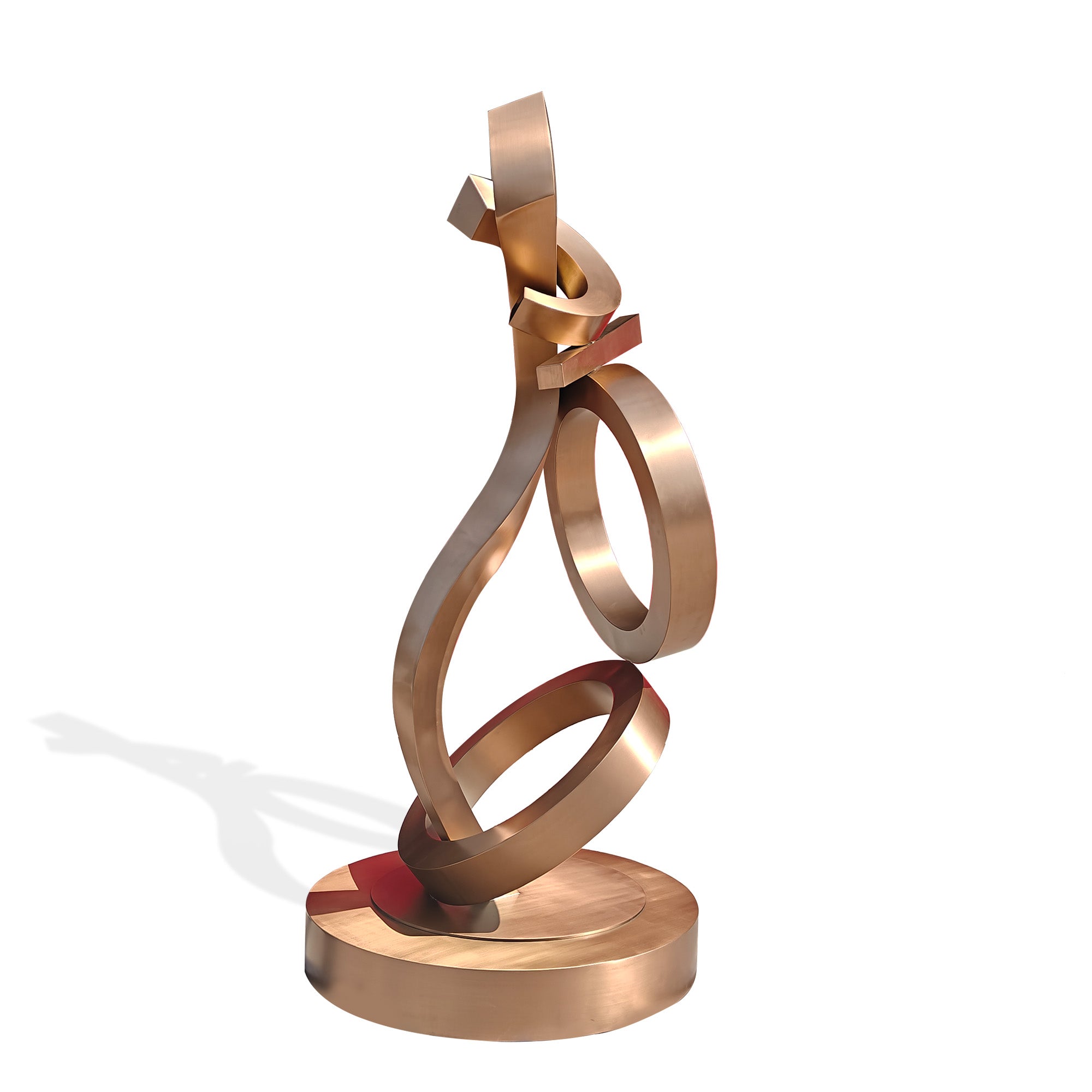 Rose gold hairline stainless steel abstract ribbon and ring sculpture on round base, luxury interior decor for hotel lobby, white background.