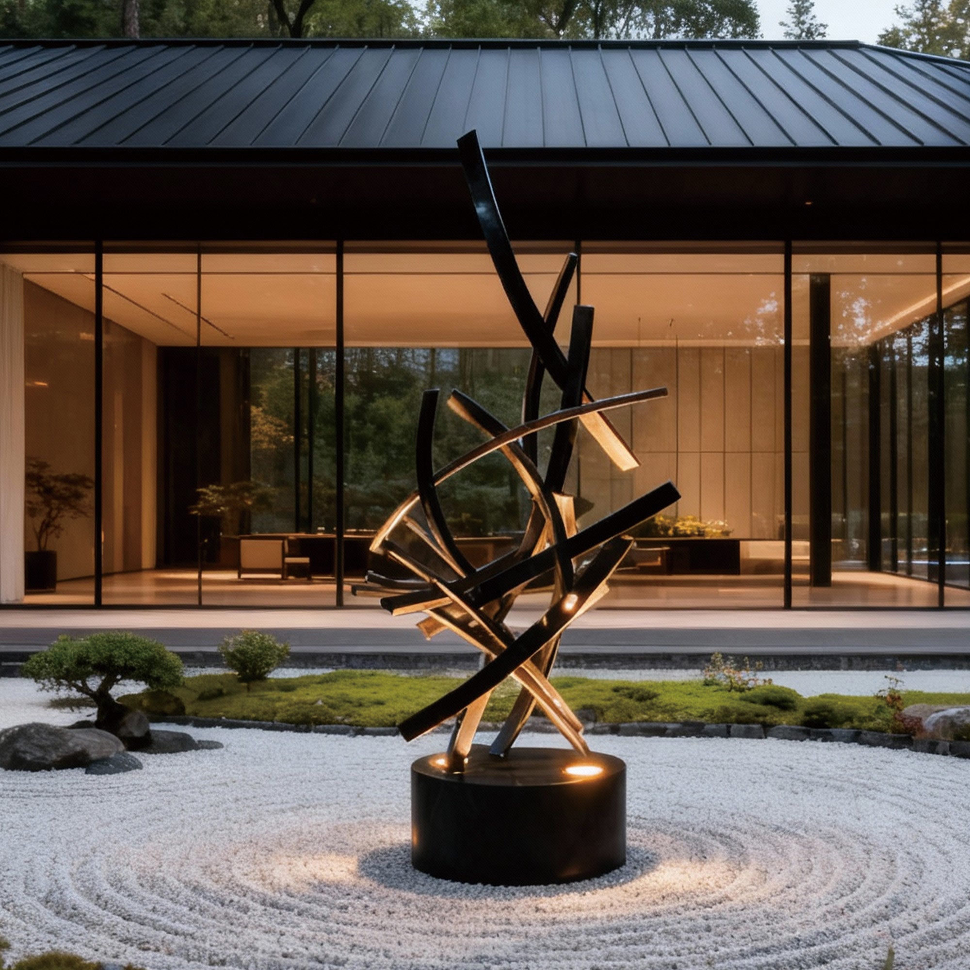 Night scene of illuminated black stainless steel abstract LED light sculpture with base uplighting, luxury garden lighting art for landscape design.