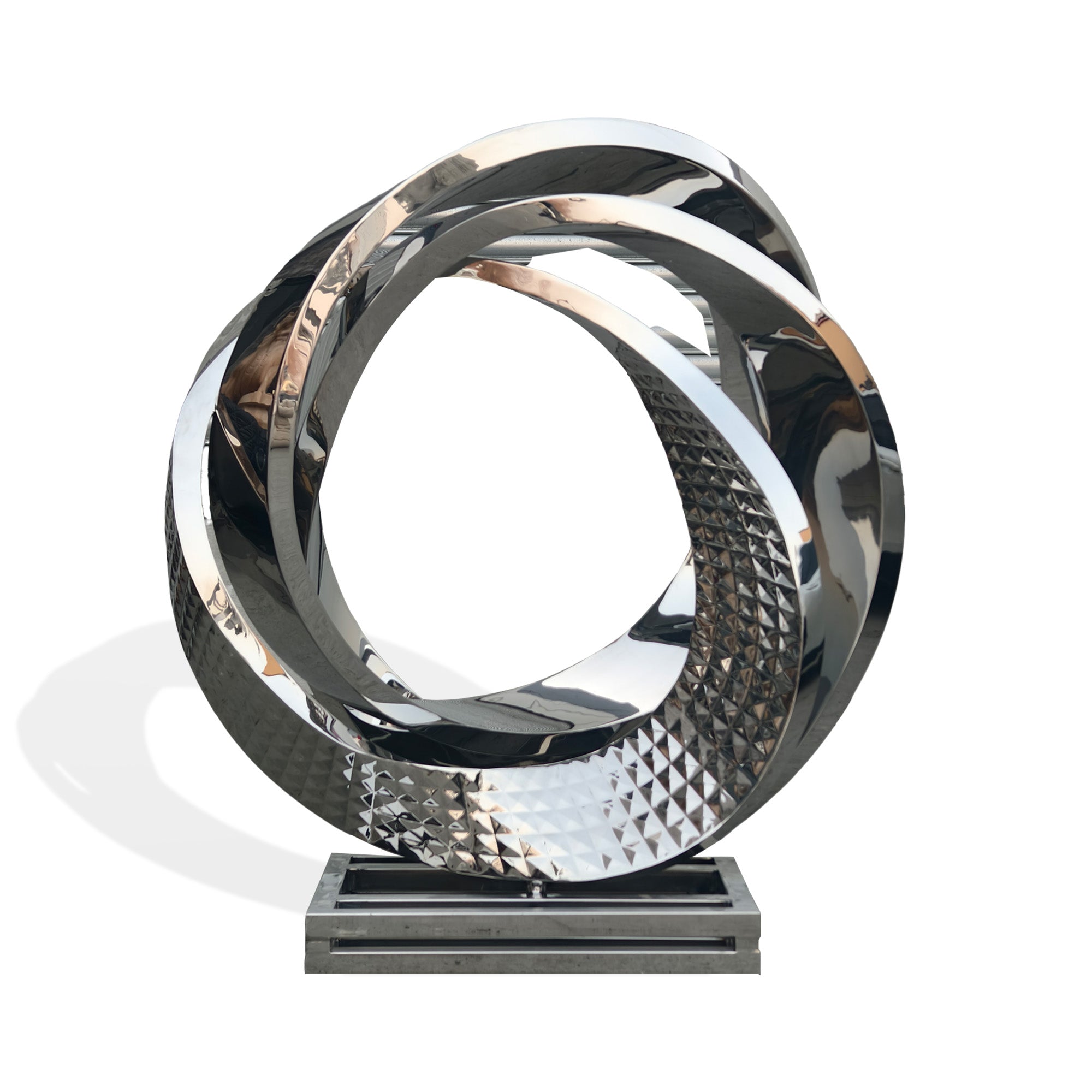 Front view of mirror polished cast stainless steel abstract loop sculpture, modern circular form on square metal base, white background product photo.