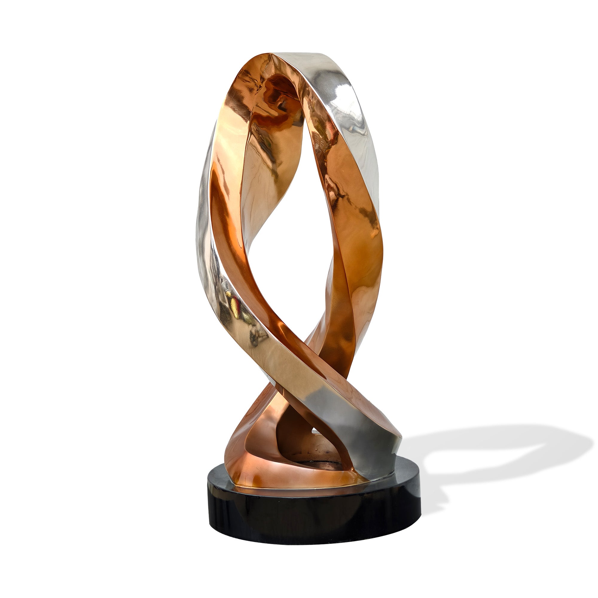 Angled view of gold and silver electroplated stainless steel abstract twist sculpture, custom modern art for upscale interiors.