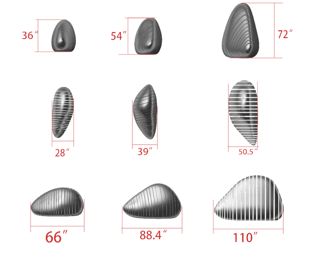 3D dimension drawing of an abstract stainless steel sculpture three-piece set: large 72" H × 110" W × 50.5" D, medium 54" H × 88.4" W × 39" D, small 36" H × 66" W × 28" D, mirror polished outdoor garden sculpture for luxury estates