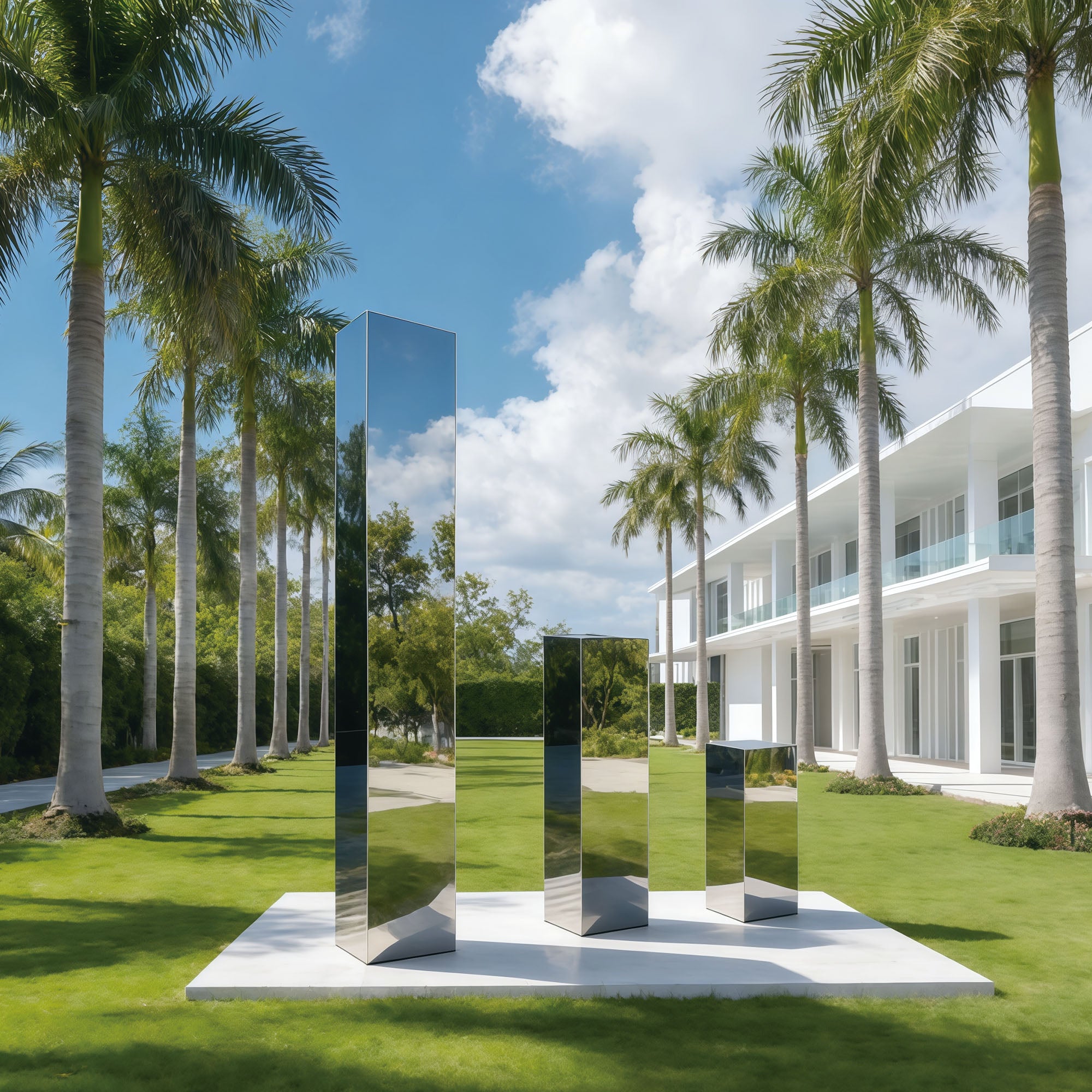 Mirrored Distances lawn sculpture featuring three mirrored stainless steel columns installed on a grass lawn, reflecting palm trees, sky, and modern architecture in a luxury garden setting.