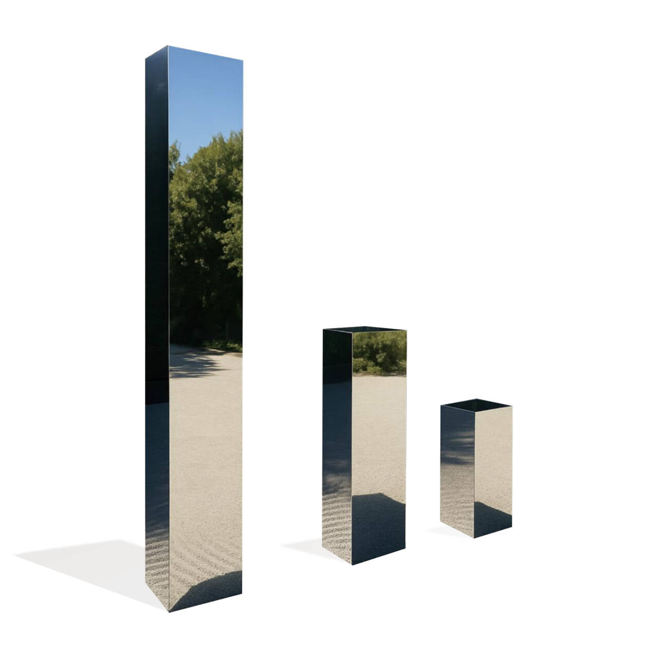 Mirrored Distances mirror polished stainless steel column sculpture set, showing three vertical rectangular forms of different heights designed for outdoor lawn and garden installations.