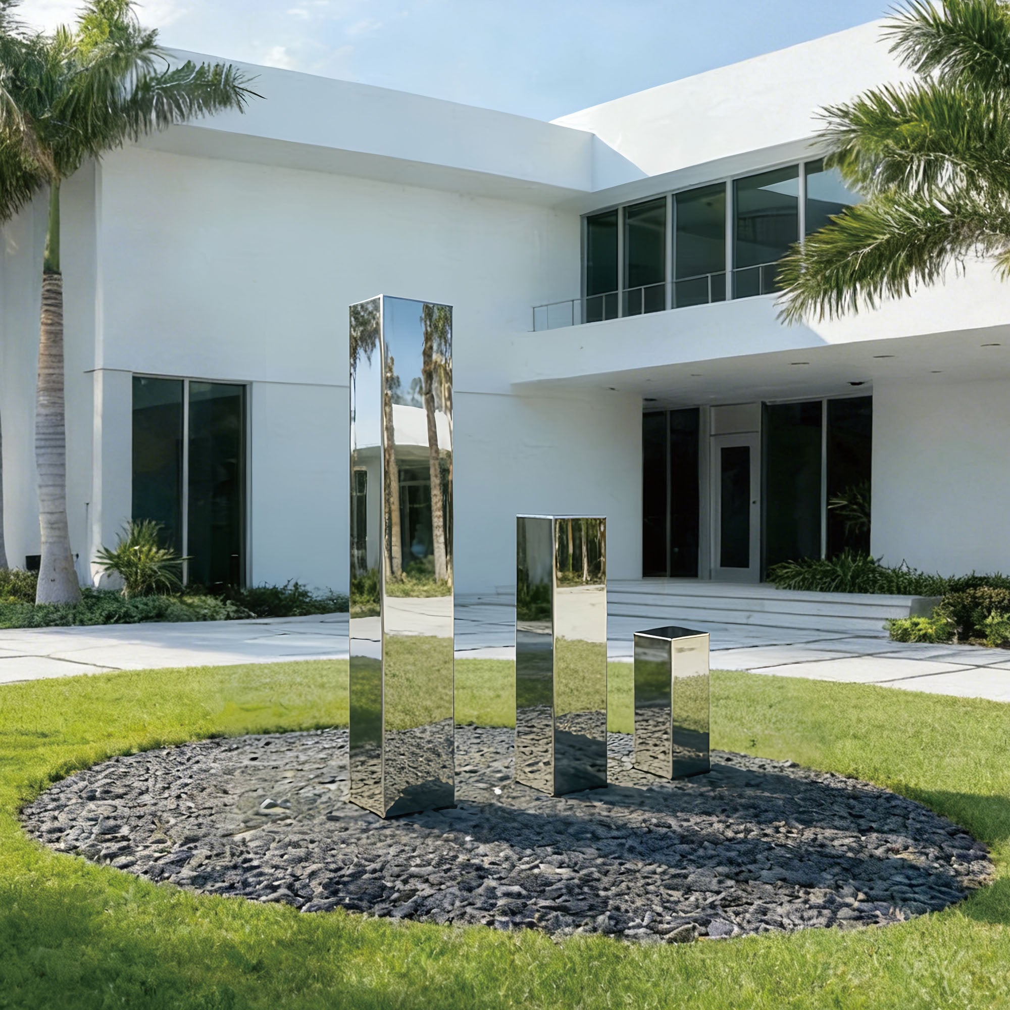 Mirrored Distances stainless steel lawn sculpture placed at a modern villa entrance, with three reflective vertical columns interacting with architecture, landscape, and natural light.