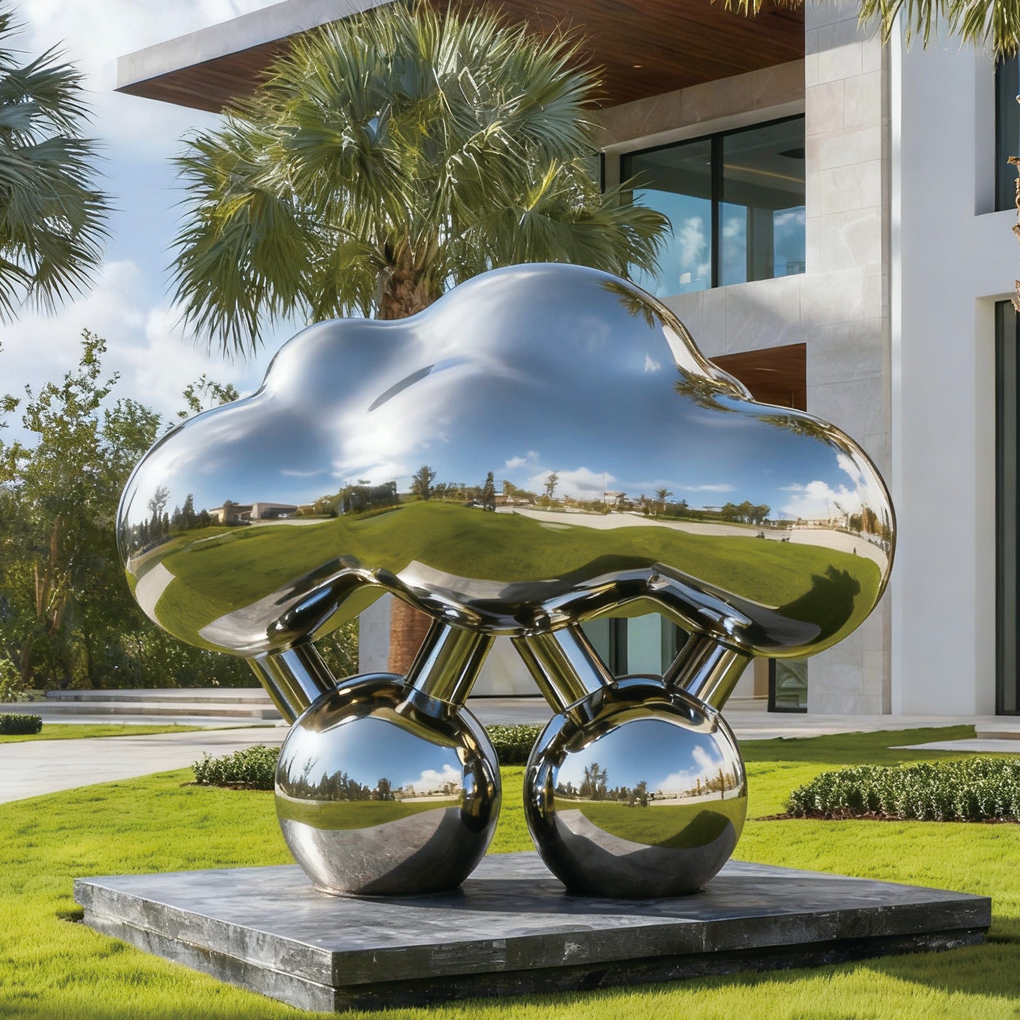Polished stainless steel cloud sculpture displayed in a luxury garden, reflecting surrounding elements and enhancing outdoor aesthetics.