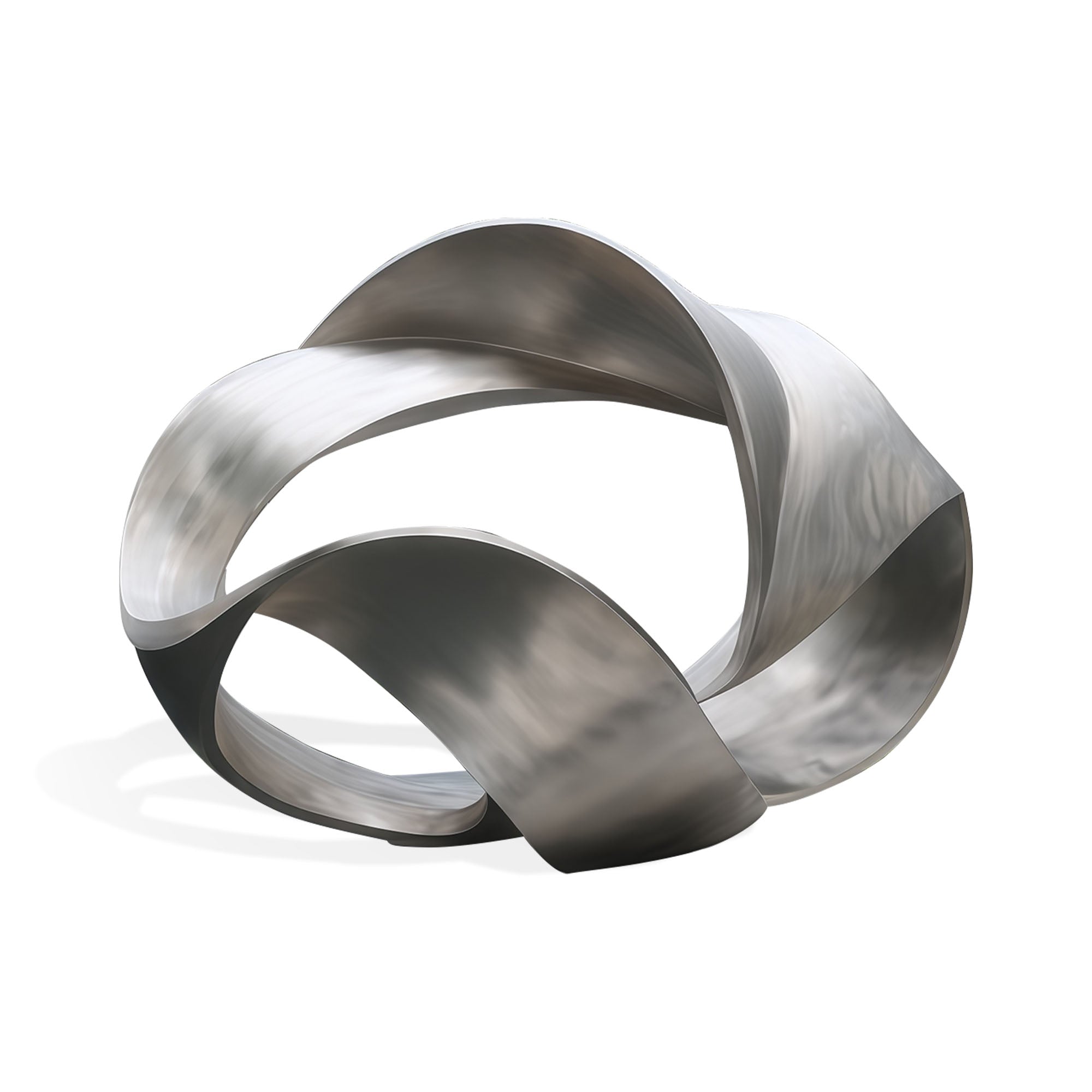 Front view of a brushed stainless steel sculpture, showcasing an elegant abstract design with smooth, flowing curves.