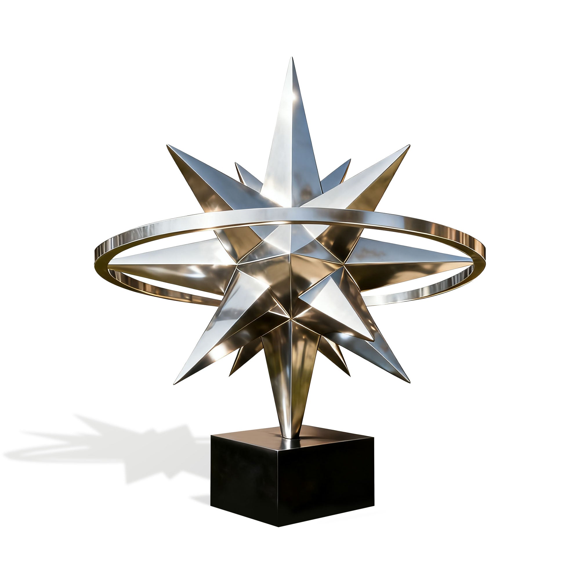 Polished stainless steel abstract sculpture with star-shaped design and circular ring and panted black base for modern luxury interiors