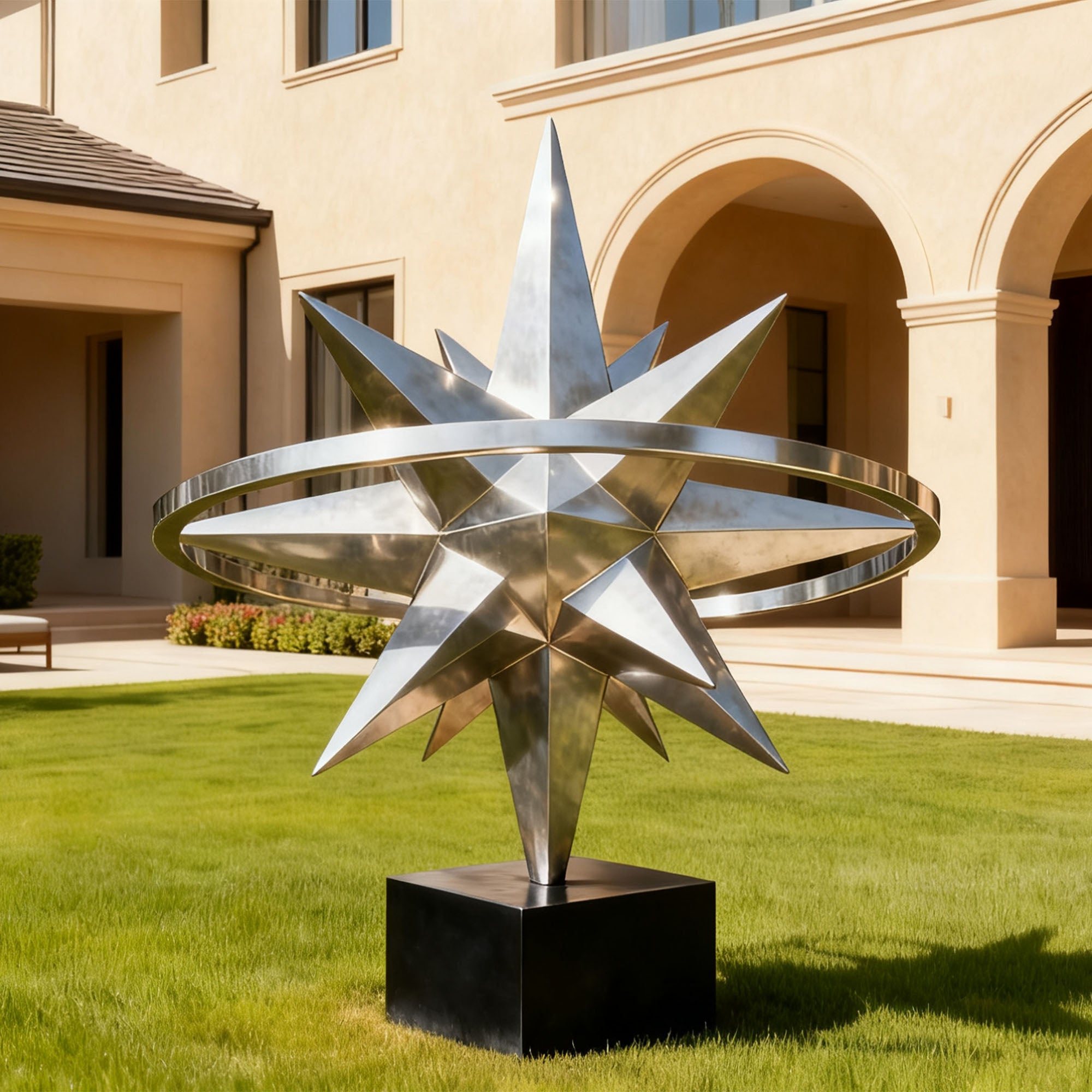 Large stainless steel modern sculpture featuring a star-shaped design and a circular ring, perfect for luxury landscapes and outdoor spaces