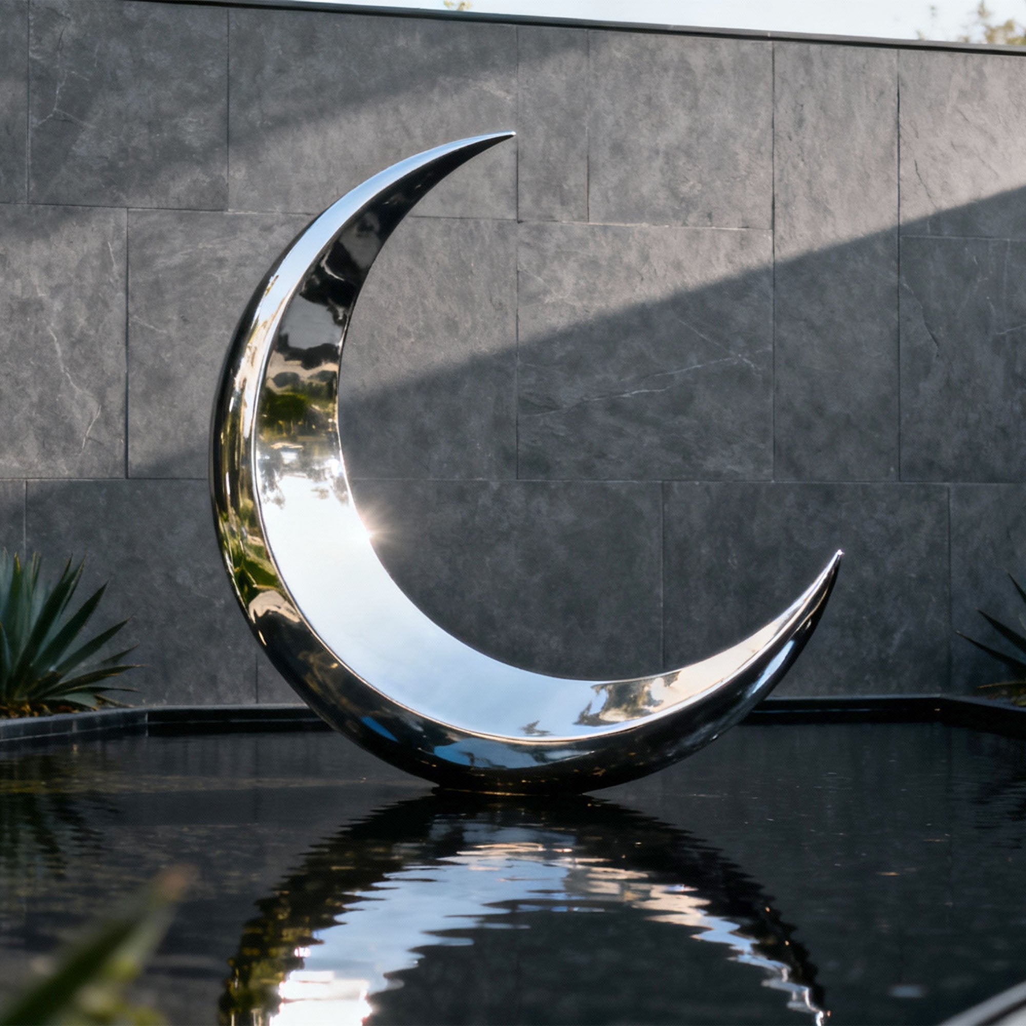 Large mirror stainless steel crescent moon sculpture by poolside water feature, luxury garden outdoor art