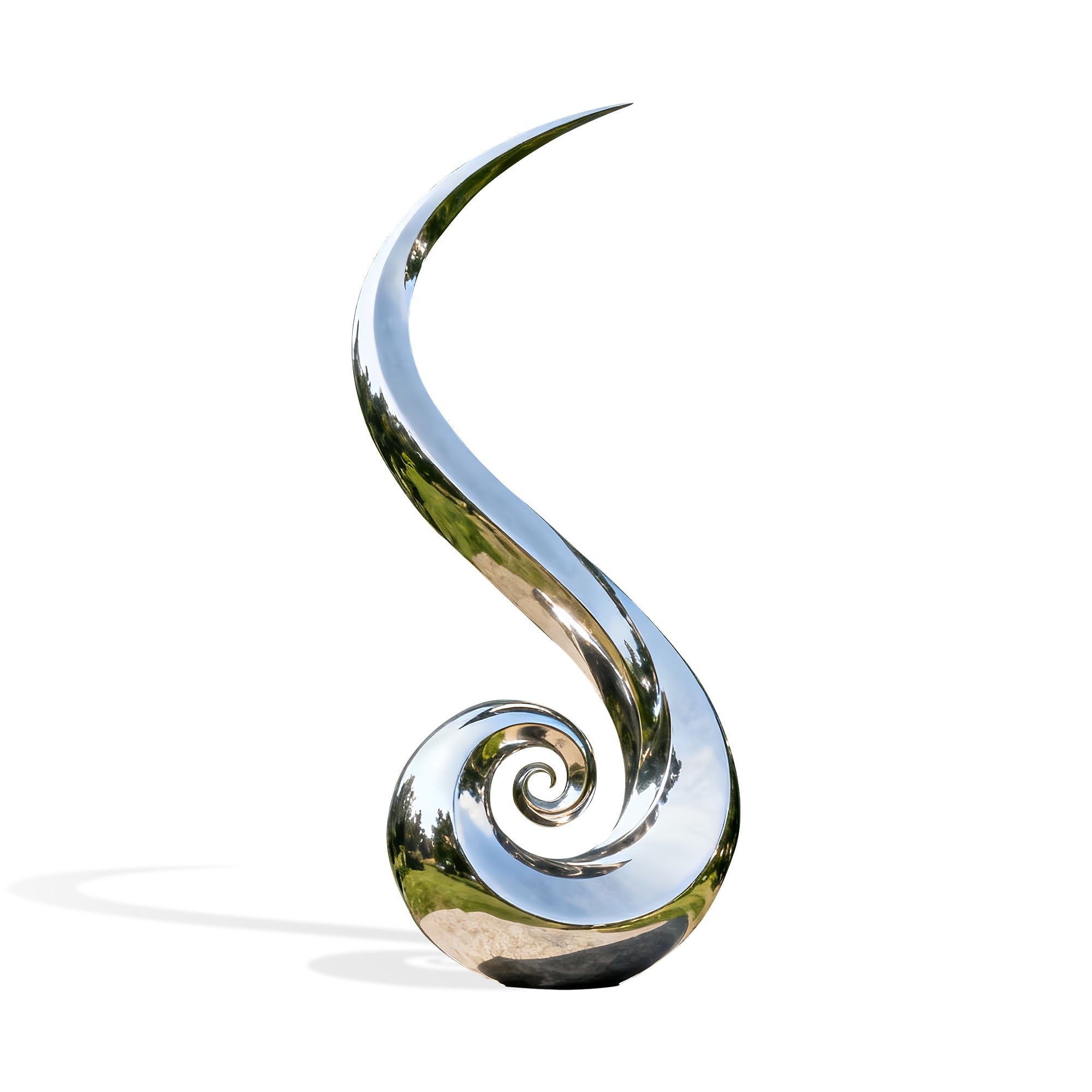 Polished stainless steel sculpture with spiral design, modern outdoor art with mirror finish, isolated on white background