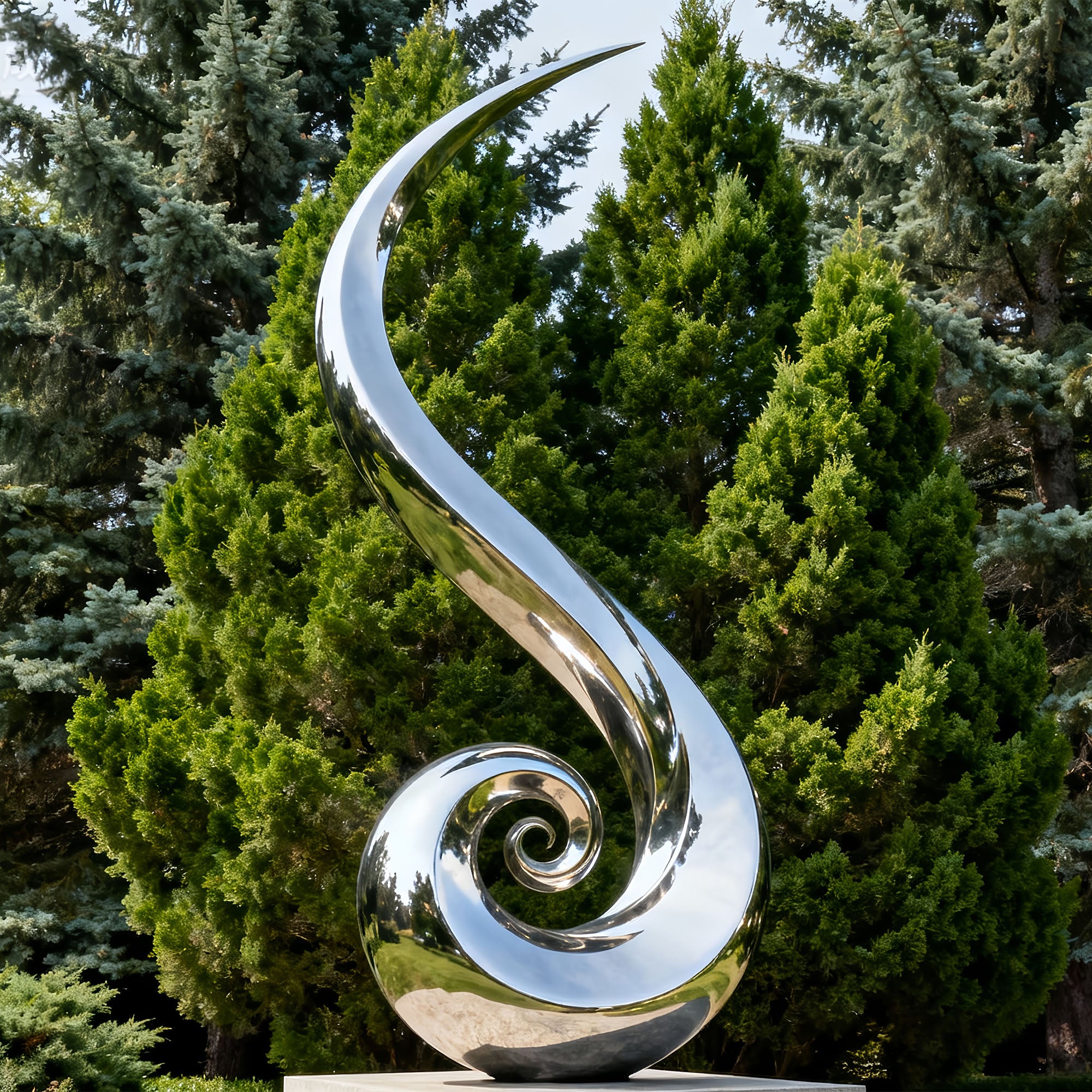 Stainless steel spiral sculpture outdoor garden installation with reflective mirror finish, modern art for landscape decoration
