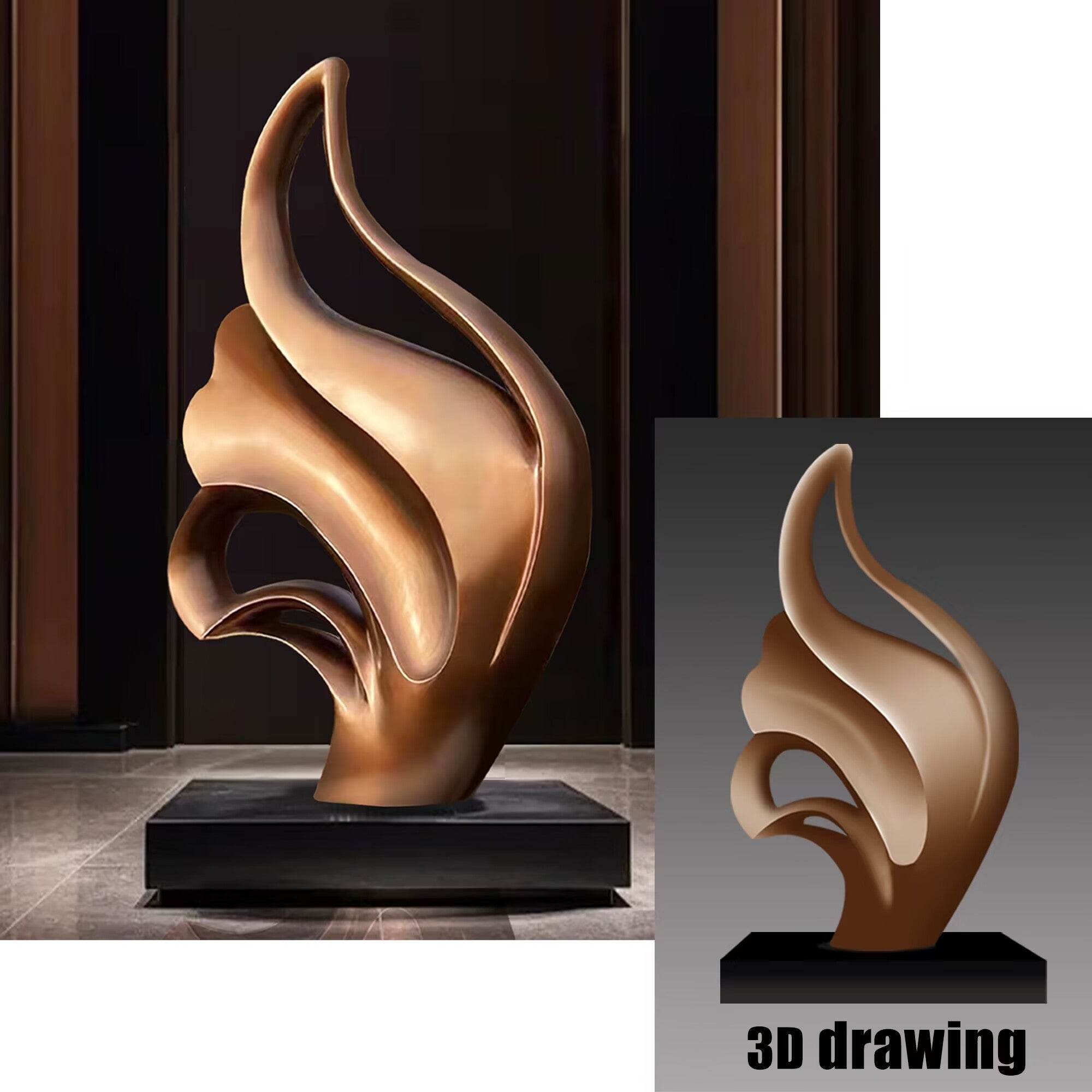 gold color floower stainless steel sculpture and 3D drawing