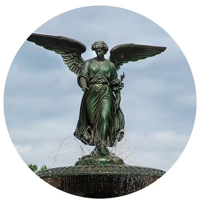 the bronze angel statue on the besta fountain 