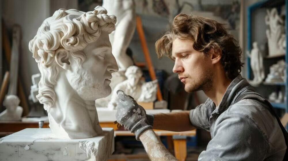 man caving marble statue david in workshop