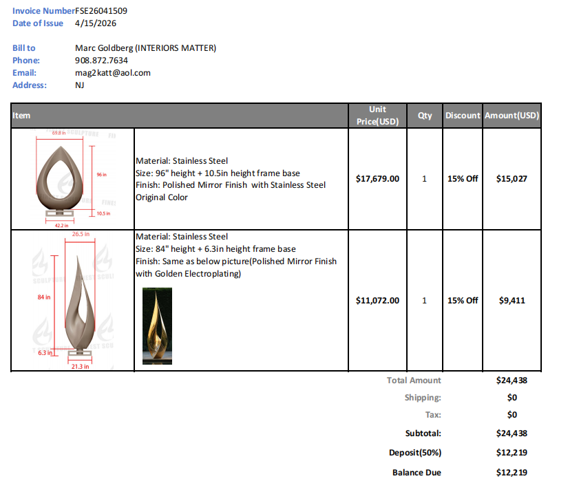 Custom Link for Marc Goldberg of Custom Stainless Steel Sculpture-50% Balance