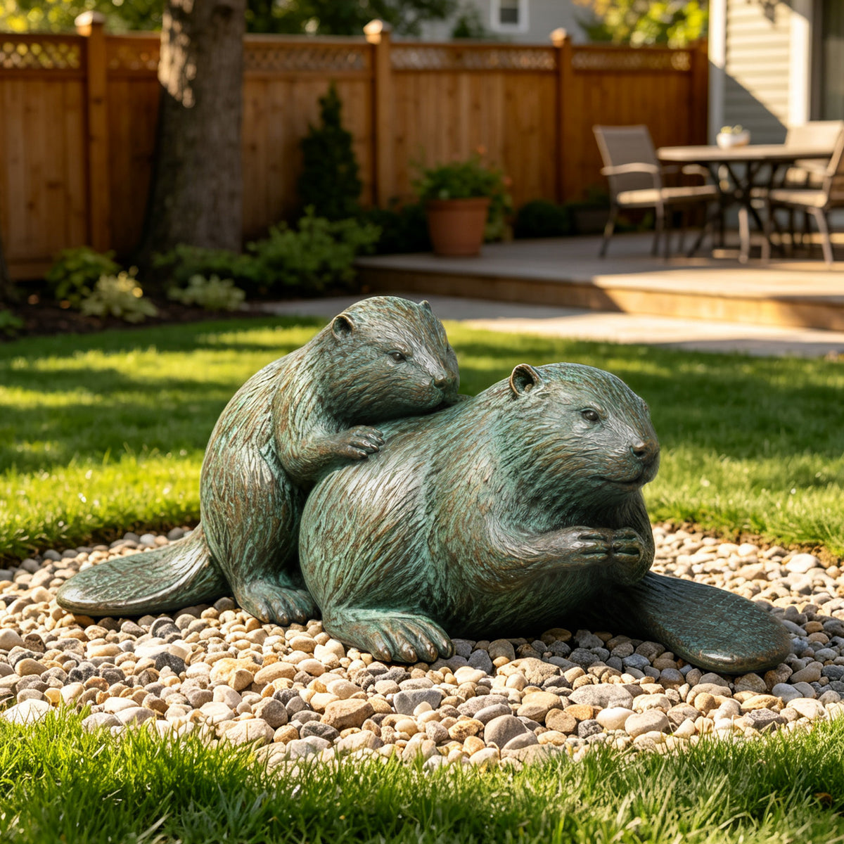 Bronze beaver garden sculpture depicting two beavers resting together on a lawn beside a landscaped residential patio.