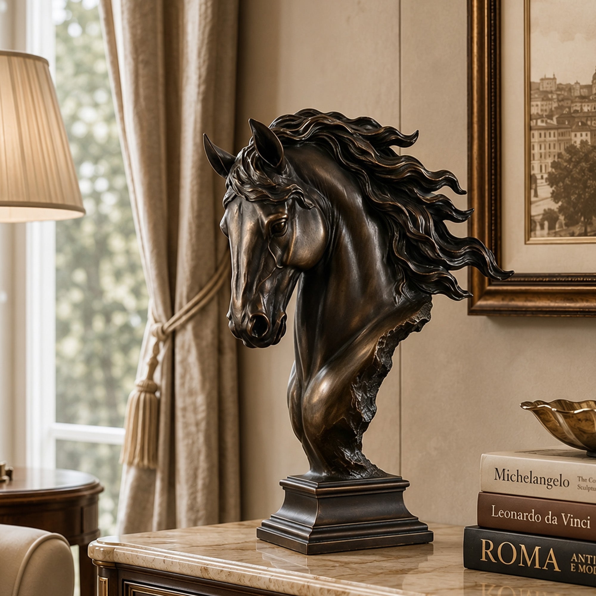 Elegant bronze horse head sculpture displayed on a marble console in a refined classic interior, featuring a windswept mane, expressive face and rich dark antique bronze finish.