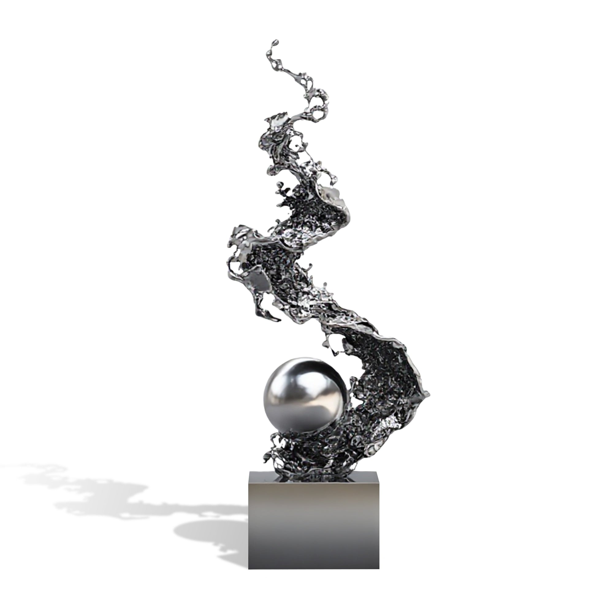 Metallic sculpture with spherical element on a white background